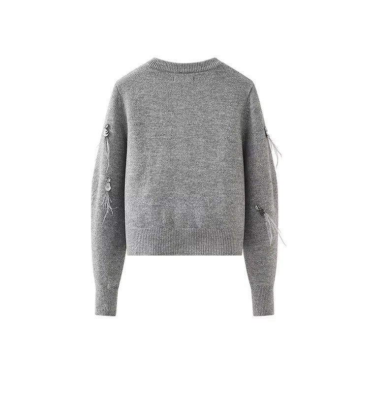 French-Style Small Fragrance Women's Sweater | Heavy Industry Fringe Sequins with Diamond & Feather Knit Cardigan (Premium)