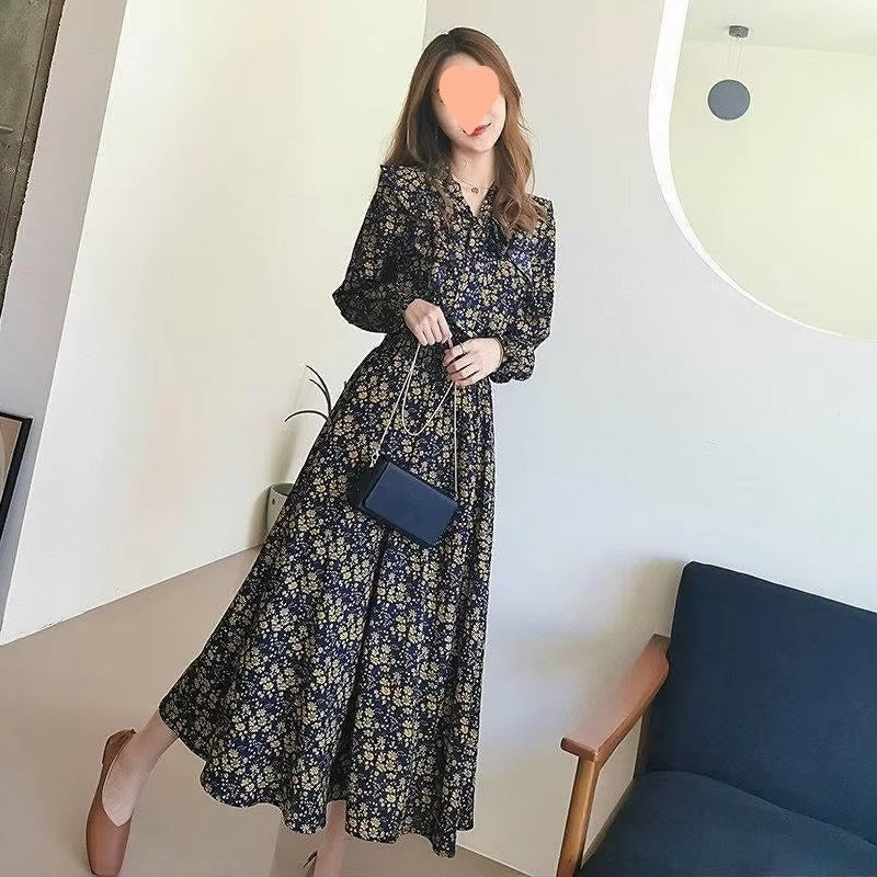 Summer Slim-Fit Chiffon Print Floral Dress for Women Elegant French Fashion With Bow Detail Long Sleeves Leisure Travel Holidays