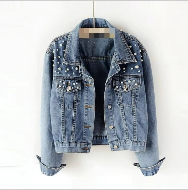 Women's Casual Denim Jacket With Customizable Logo Elegant Fashionable Solid Color Nailed Pearl for Street Vacation-Spring Fall