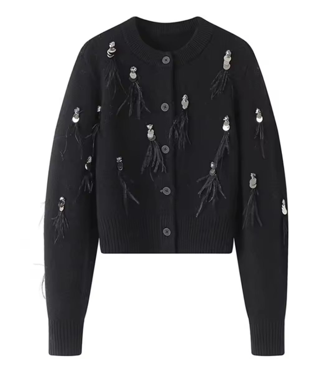 French-Style Small Fragrance Women's Sweater | Heavy Industry Fringe Sequins with Diamond & Feather Knit Cardigan (Premium)