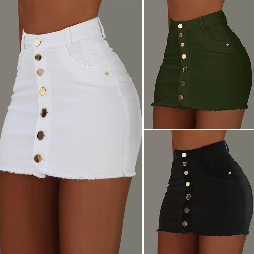 High Quality Women's Denim Skirt Sexy Simple Korean Style Solid Color High-Waist Single-Breasted Casual Street