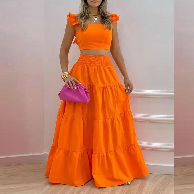 Women's Elegant Solid Color 2-Piece Set New Arrival Mid-Waist Flying Sleeve Skirt Spring/Summer Breathable Fashion Commuters