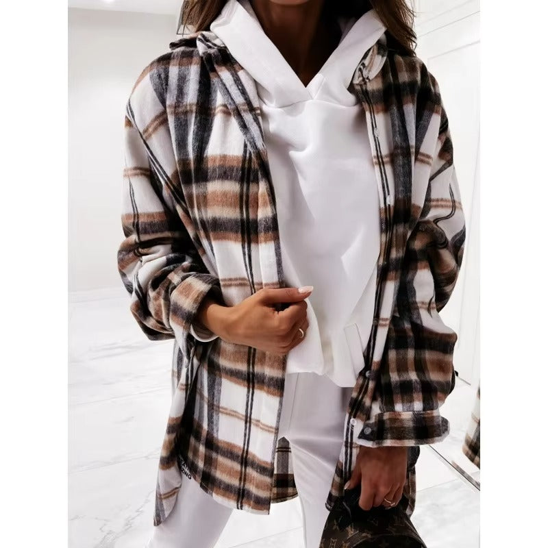 2024 Autumn and Winter Hot Simple Fashion Temperament Elegant commuter Home Holiday Long-sleeved Plaid Printed Shirt Coat