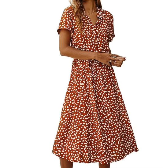 Wholesale Quality Women's Casual Dress Elegant Red Skirt Polka Dot Lace-Up V-Neck Button Spring Summer Art Print for Holidays