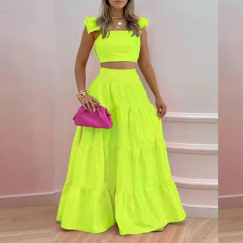 Women's Elegant Solid Color 2-Piece Set New Arrival Mid-Waist Flying Sleeve Skirt Spring/Summer Breathable Fashion Commuters