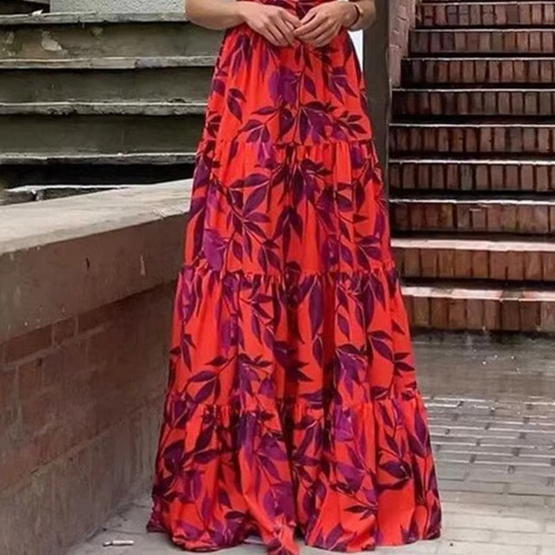 Summer High Quality Women's Long Dress Elegant Flying Sleeve High Waist Tropical Print Customizable Europe United States Leisure