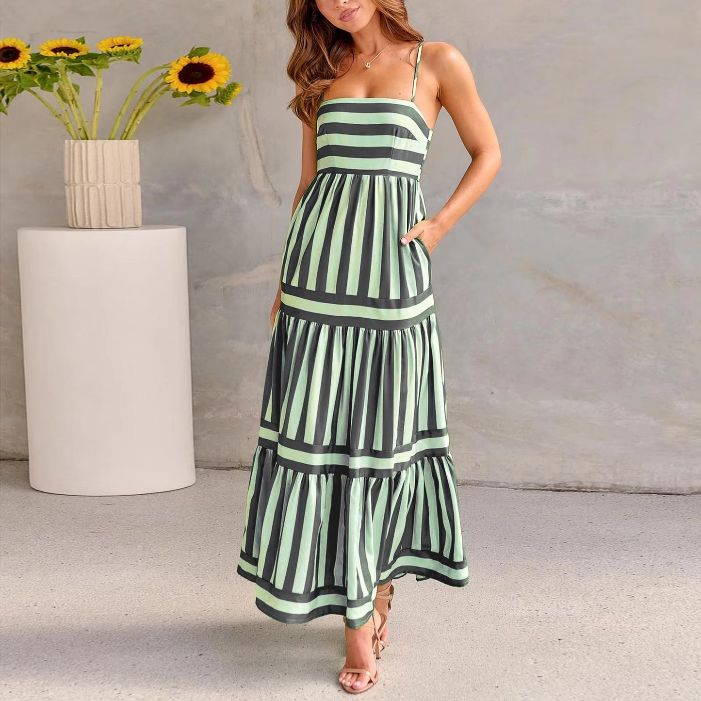 2024 Europe and the United States Simple Elegant Small Fresh Striped Print Leisure Holiday Halter Dress With Halter Pocket