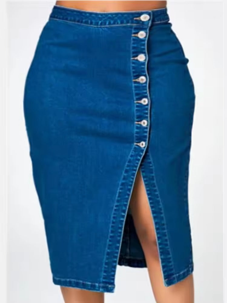 Women's High Quality Denim Skirt Elegant Fashionable New Summer Polyester Design Large Size Buttons Irregular Split Plain Dyed