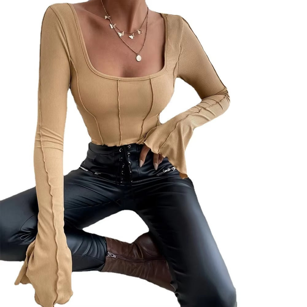 High Quality Retro Fashion Women's Top T-Shirt Basic Slim Long Sleeve Square Collar Soft Chiffon Knitted Casual Commuter T-Shirt