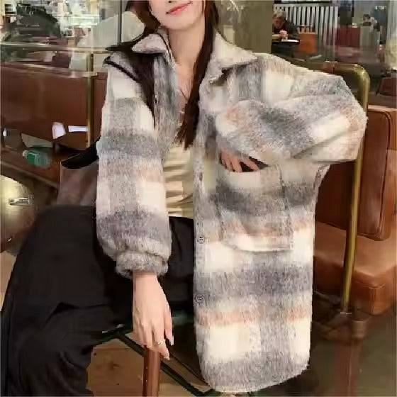 2024 Autumn and Winter Hot Thick Simple Lazy Temperament Elegant Leisure Commute Loose Medium Long Woolen Plaid Coat
