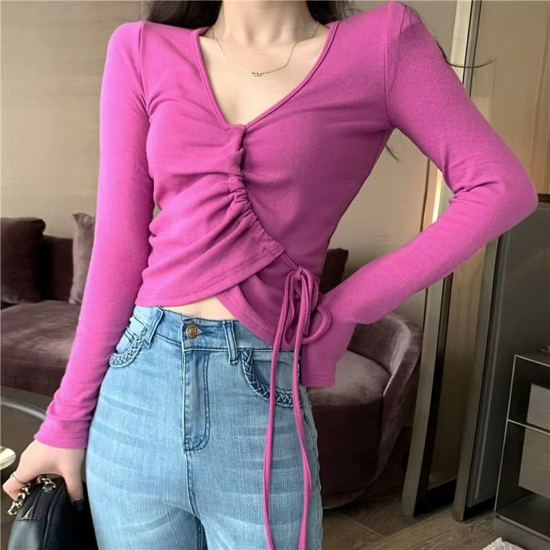 2024 Autumn and Winter Hot Simple Elegant Temperament Sexy Solid Color V-neck Drawstring Strap Slim-fit Long-sleeved T-shirt