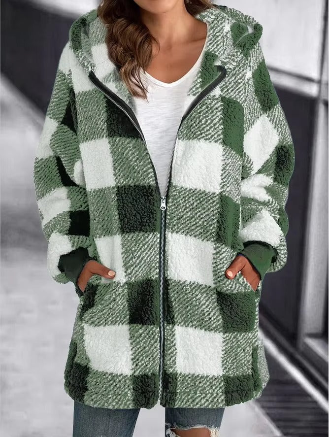 Women's 2024 Autumn/Winter Plaid Coat New Simple Fashion Hooded Zipper Loose Comfortable Long commuter Casual Coat with Pockets