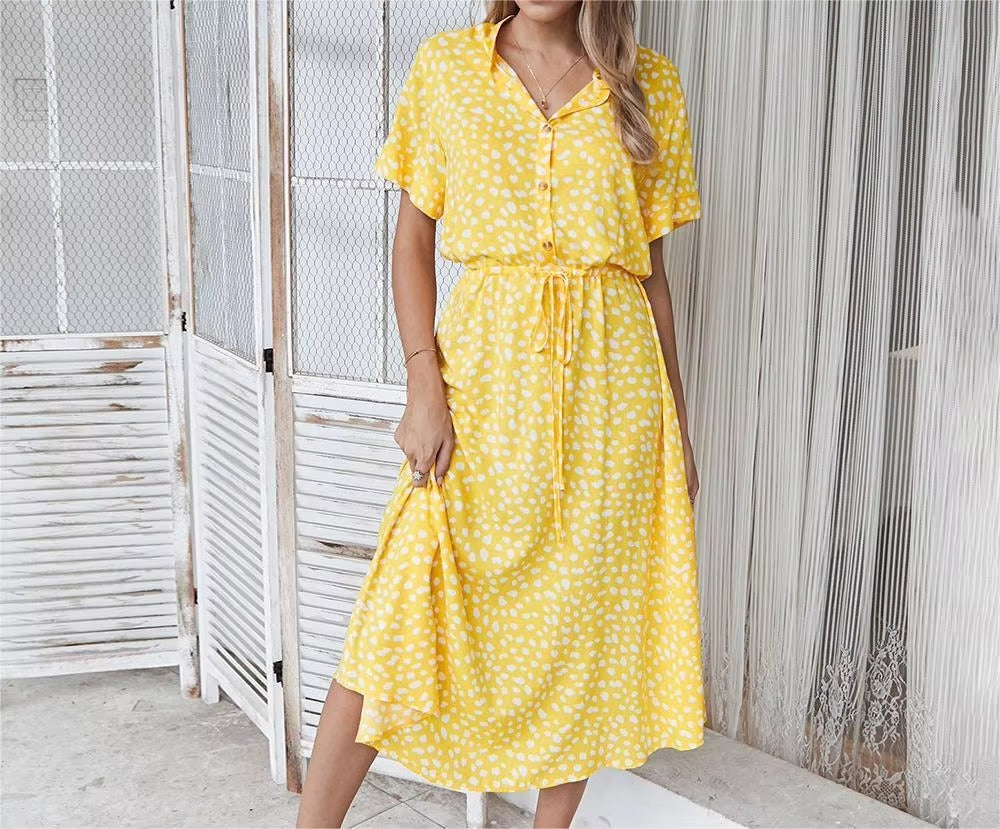 Wholesale Quality Women's Casual Dress Elegant Red Skirt Polka Dot Lace-Up V-Neck Button Spring Summer Art Print for Holidays