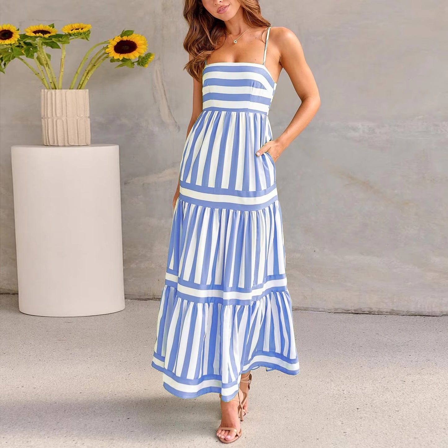 2024 Europe and the United States Simple Elegant Small Fresh Striped Print Leisure Holiday Halter Dress With Halter Pocket