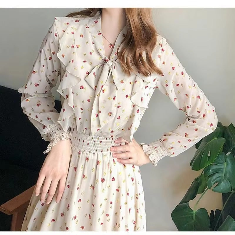 Summer Slim-Fit Chiffon Print Floral Dress for Women Elegant French Fashion With Bow Detail Long Sleeves Leisure Travel Holidays