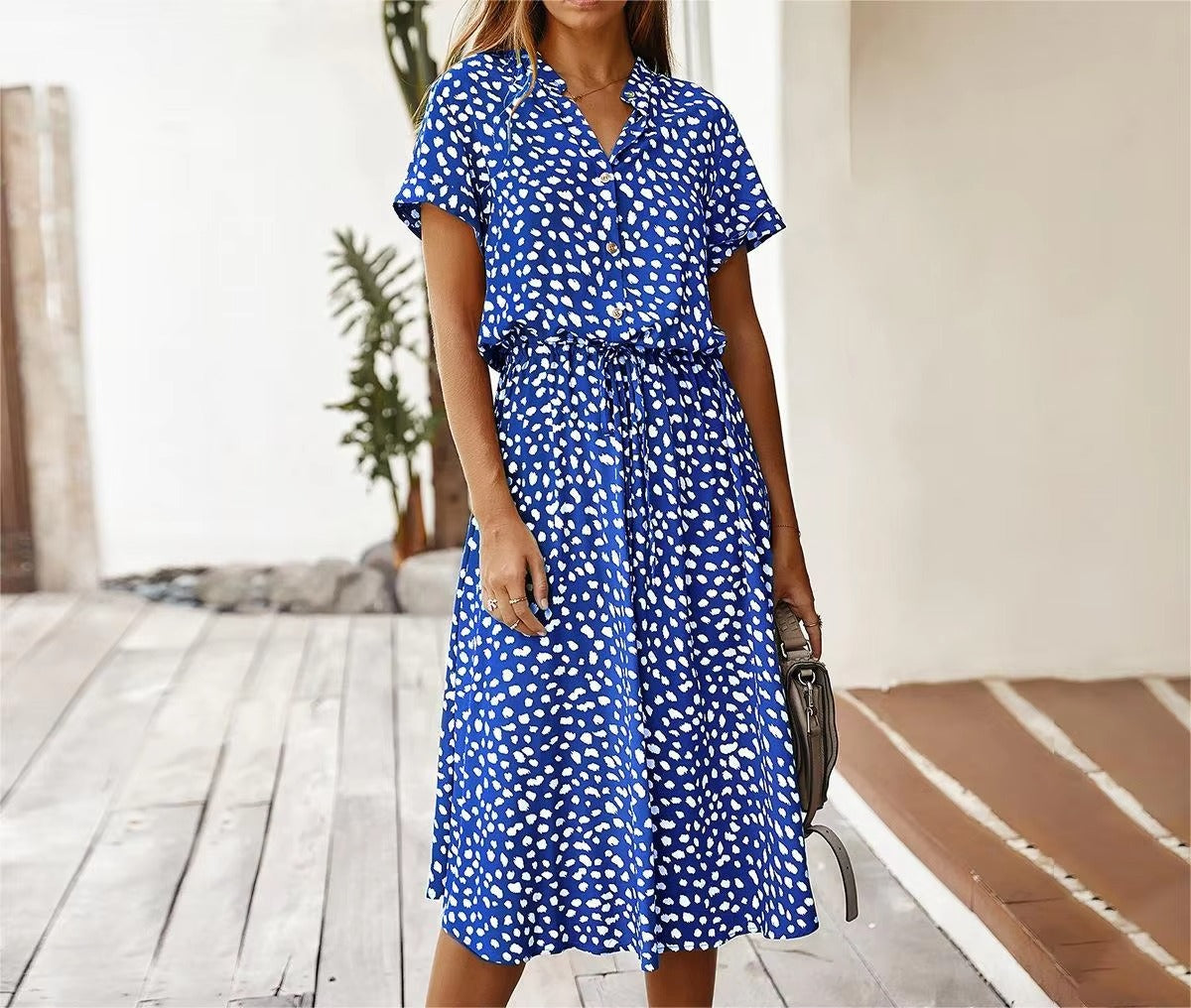 Wholesale Quality Women's Casual Dress Elegant Red Skirt Polka Dot Lace-Up V-Neck Button Spring Summer Art Print for Holidays