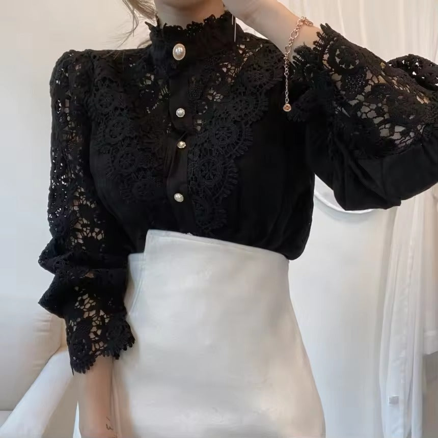 Ladies Elegant Chic White Petal Sleeve Stand Collar Cutout Lace Patchwork Pearl Buttons Fashion Casual Blouse Breathable