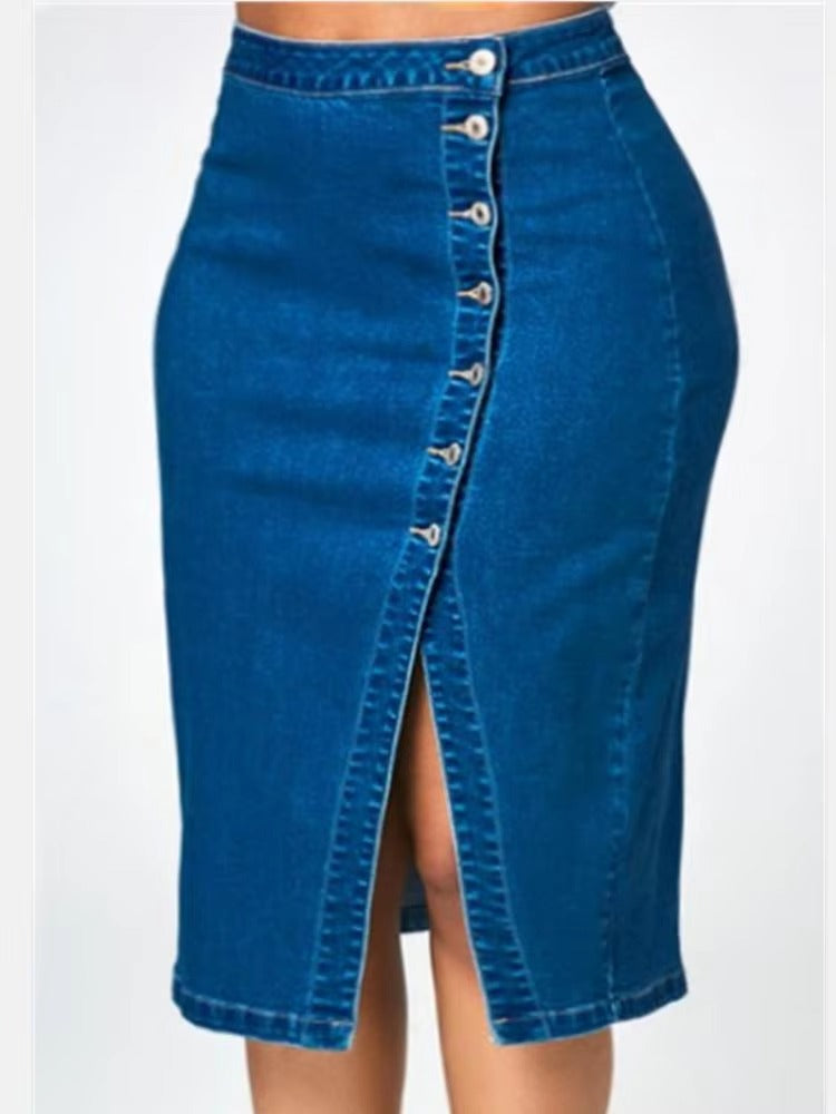 Women's High Quality Denim Skirt Elegant Fashionable New Summer Polyester Design Large Size Buttons Irregular Split Plain Dyed