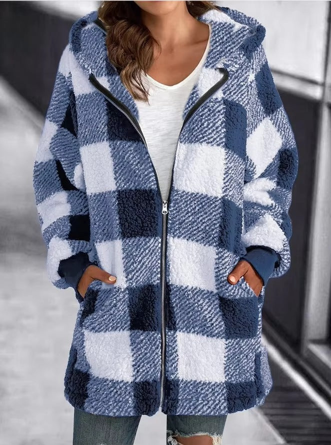 Women's 2024 Autumn/Winter Plaid Coat New Simple Fashion Hooded Zipper Loose Comfortable Long commuter Casual Coat with Pockets
