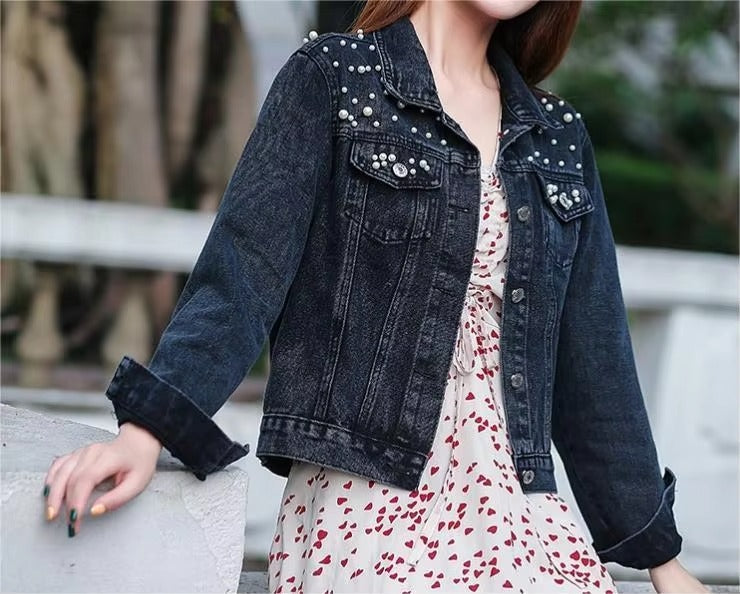 Women's Casual Denim Jacket With Customizable Logo Elegant Fashionable Solid Color Nailed Pearl for Street Vacation-Spring Fall