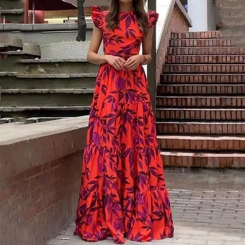 Summer High Quality Women's Long Dress Elegant Flying Sleeve High Waist Tropical Print Customizable Europe United States Leisure