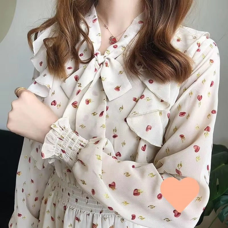 Summer Slim-Fit Chiffon Print Floral Dress for Women Elegant French Fashion With Bow Detail Long Sleeves Leisure Travel Holidays