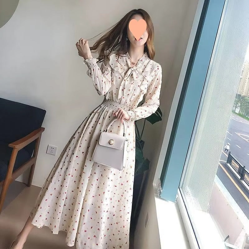 Summer Slim-Fit Chiffon Print Floral Dress for Women Elegant French Fashion With Bow Detail Long Sleeves Leisure Travel Holidays