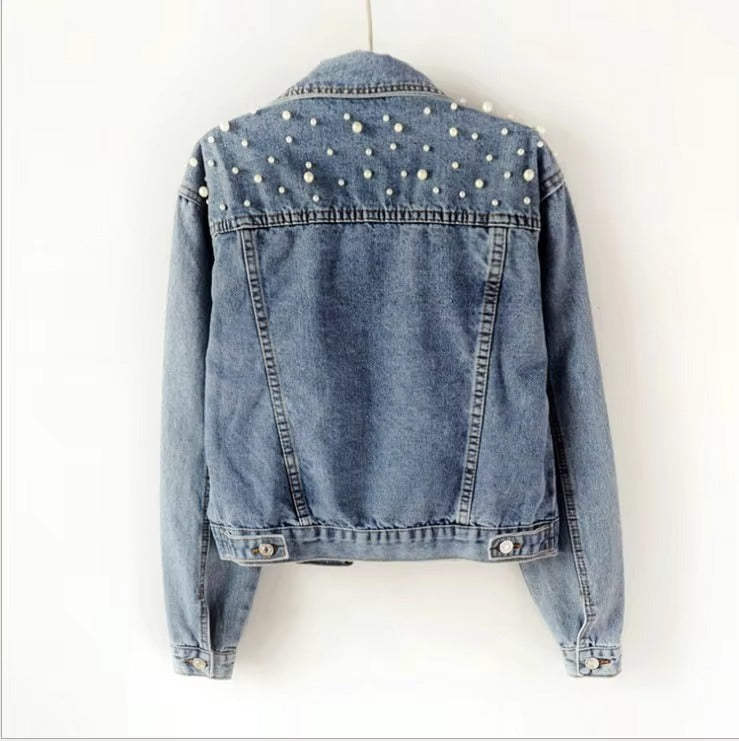 Women's Casual Denim Jacket With Customizable Logo Elegant Fashionable Solid Color Nailed Pearl for Street Vacation-Spring Fall