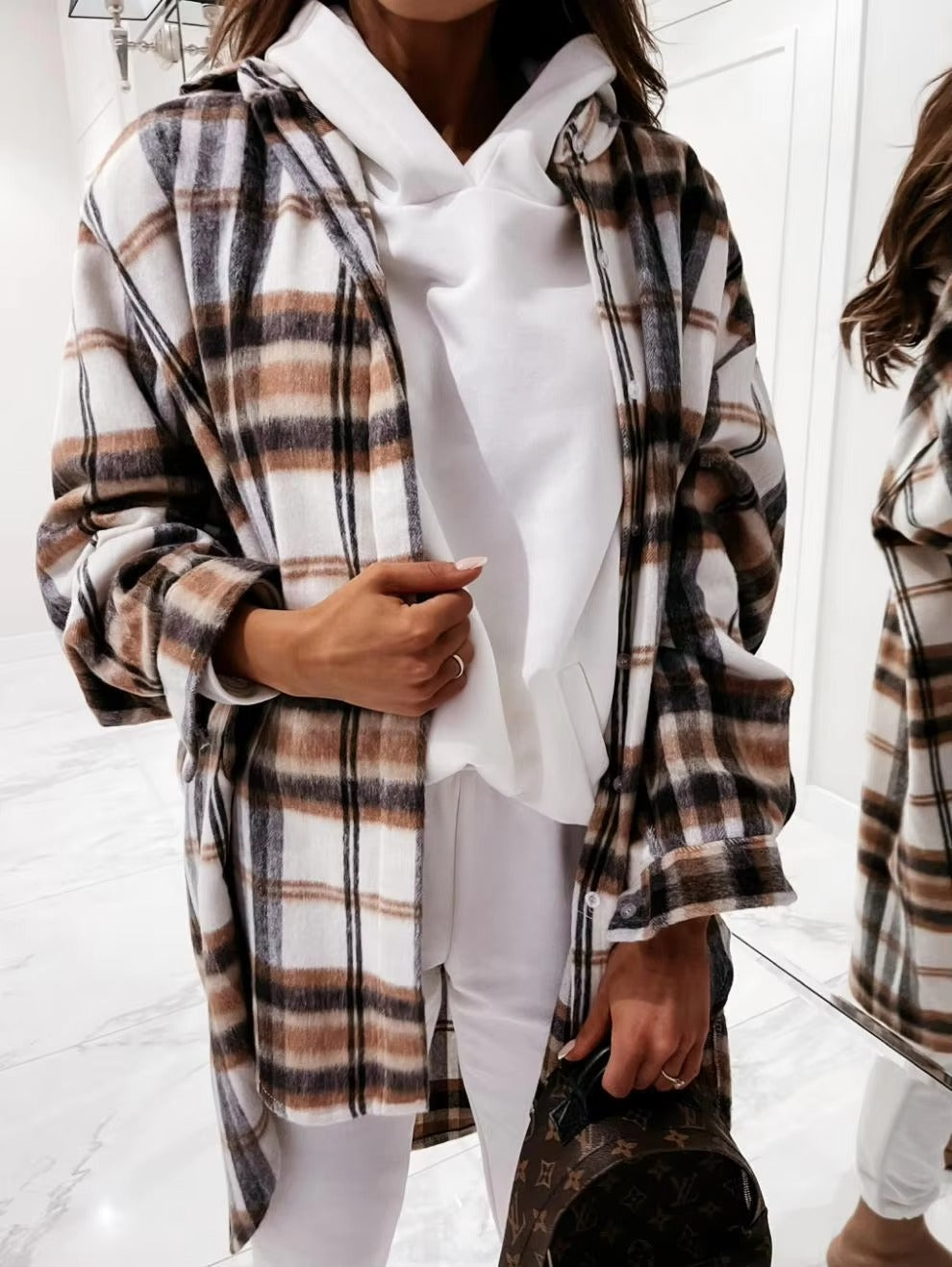 2024 Autumn and Winter Hot Simple Fashion Temperament Elegant commuter Home Holiday Long-sleeved Plaid Printed Shirt Coat