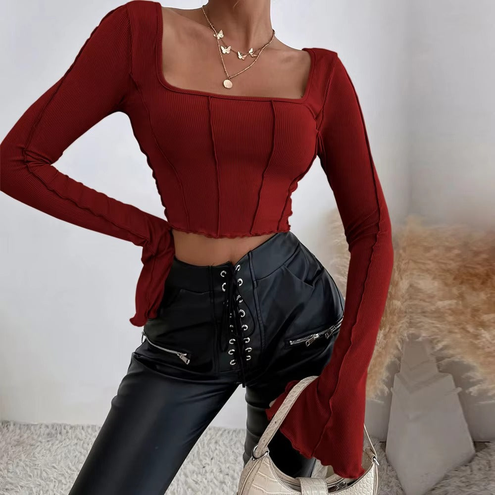 High Quality Retro Fashion Women's Top T-Shirt Basic Slim Long Sleeve Square Collar Soft Chiffon Knitted Casual Commuter T-Shirt