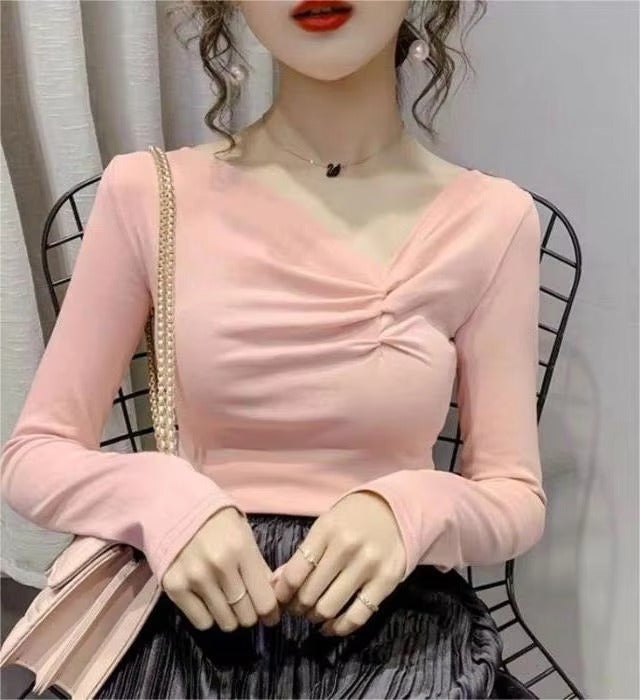 2024 Autumn Winter New Simple Pure Color Elegant Intellectual Temperament V-neck Slim-fit commuter Casual Long-sleeved Top