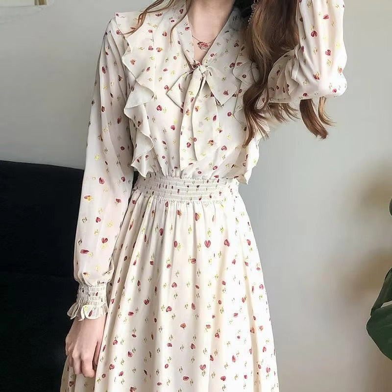 Summer Slim-Fit Chiffon Print Floral Dress for Women Elegant French Fashion With Bow Detail Long Sleeves Leisure Travel Holidays