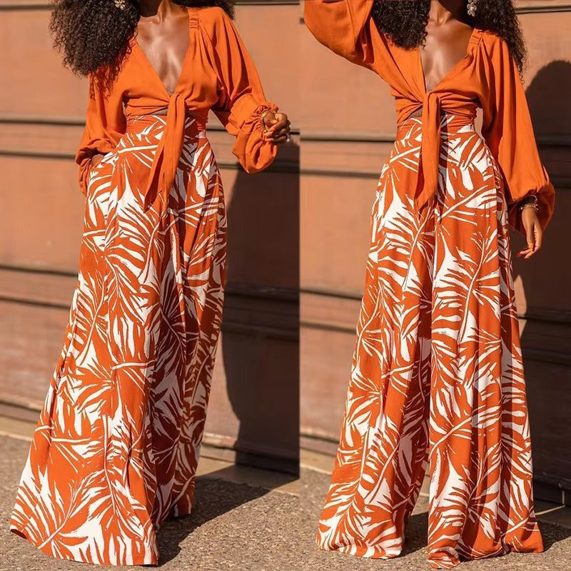 Women's Summer Office Commuter Suit High Quality Fashion V-Neck Top Wide-Leg Pants Simple Tropical Orange Print Casual
