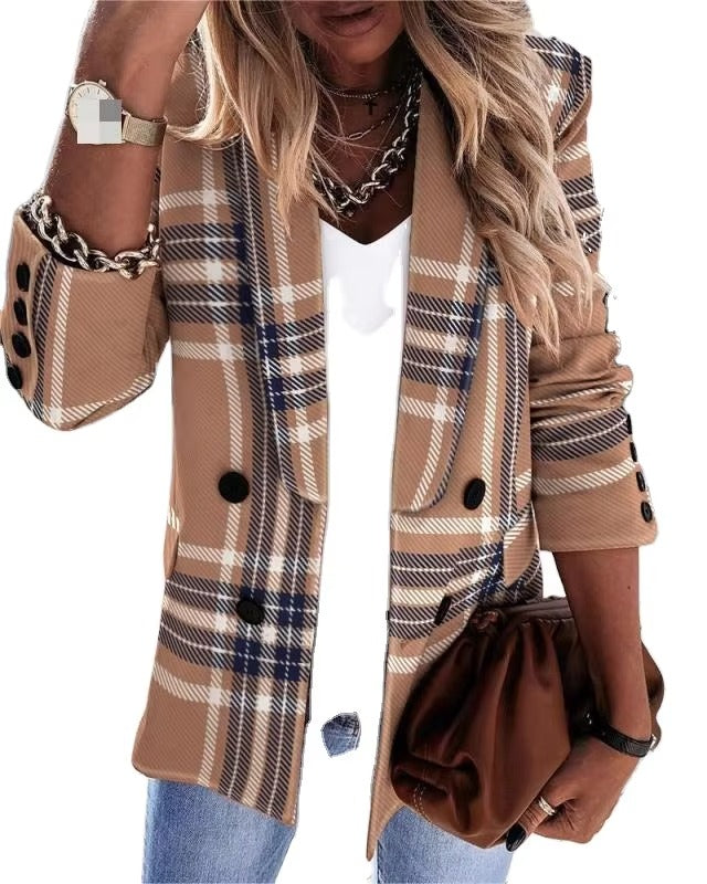 Autumn/Winter 2024 New Simple Fashion Trend Elegant commuter Leisure Vacation Long-sleeved Double-breasted Plaid blazer