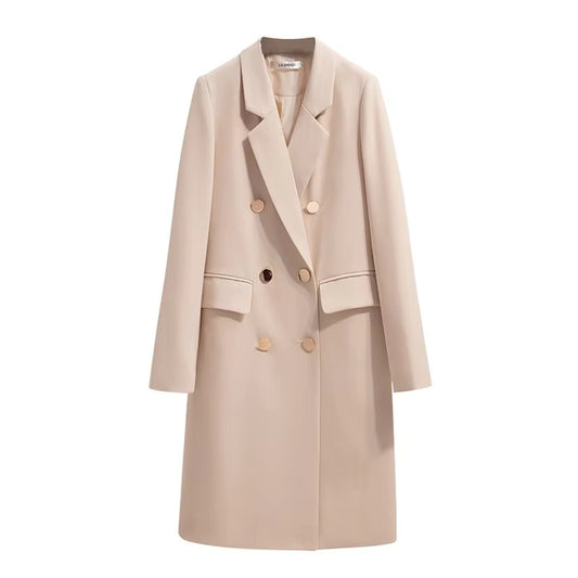 High-Quality Ladies' Double-Breasted Solid-Color Coat - Fashionable Lapel Design for Autumn/Winter Commute