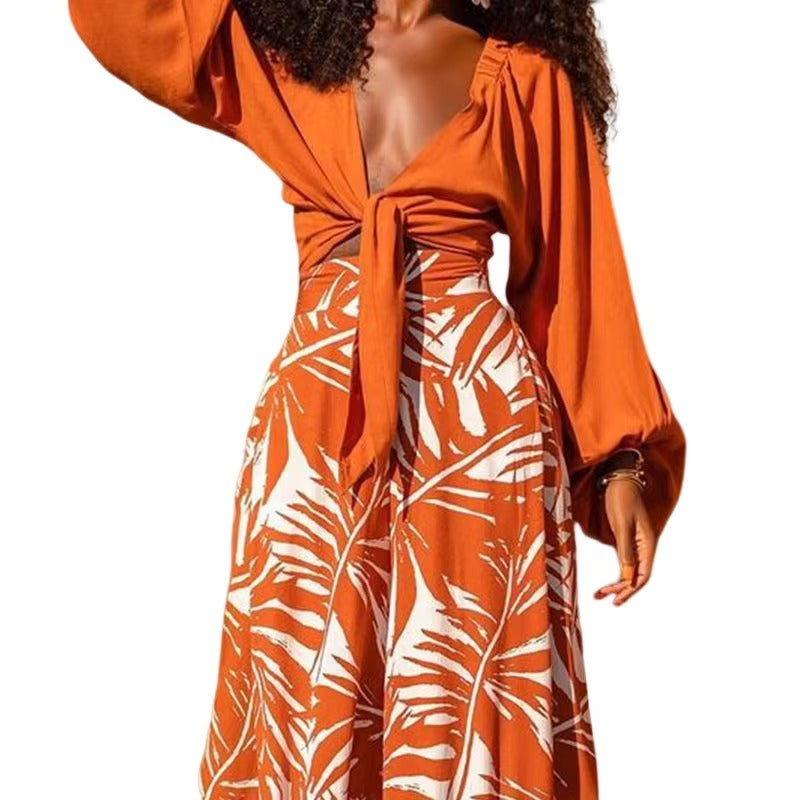 Women's Summer Office Commuter Suit High Quality Fashion V-Neck Top Wide-Leg Pants Simple Tropical Orange Print Casual