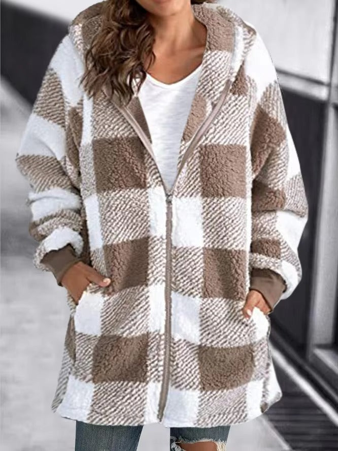 Women's 2024 Autumn/Winter Plaid Coat New Simple Fashion Hooded Zipper Loose Comfortable Long commuter Casual Coat with Pockets