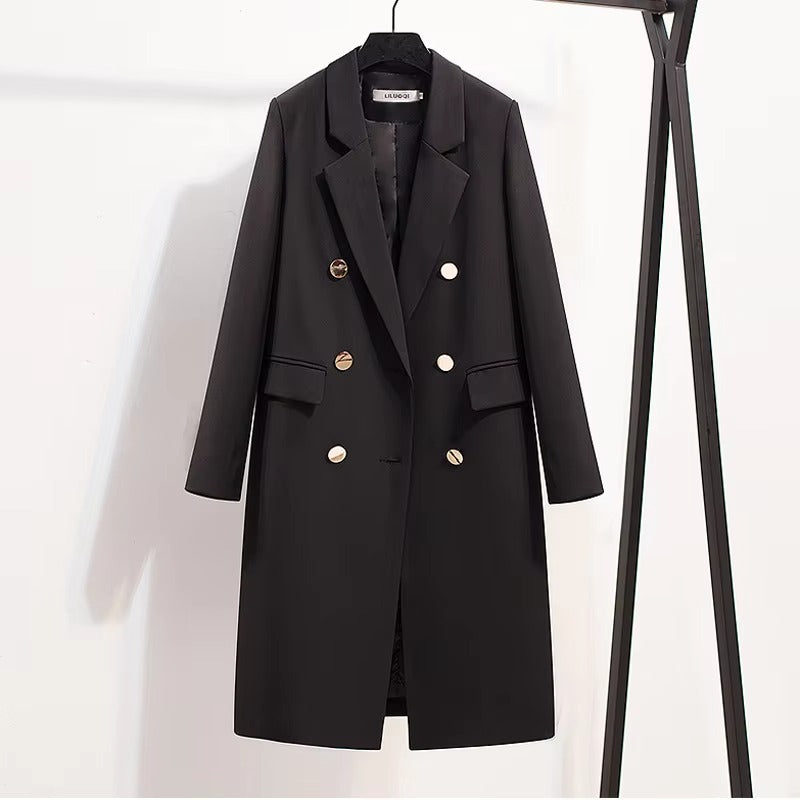 High-Quality Ladies' Double-Breasted Solid-Color Coat - Fashionable Lapel Design for Autumn/Winter Commute