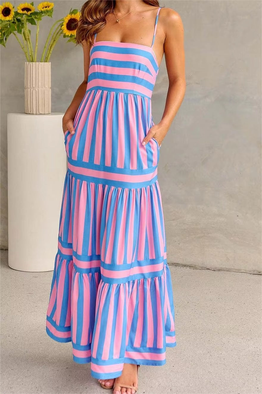 2024 Europe and the United States Simple Elegant Small Fresh Striped Print Leisure Holiday Halter Dress With Halter Pocket