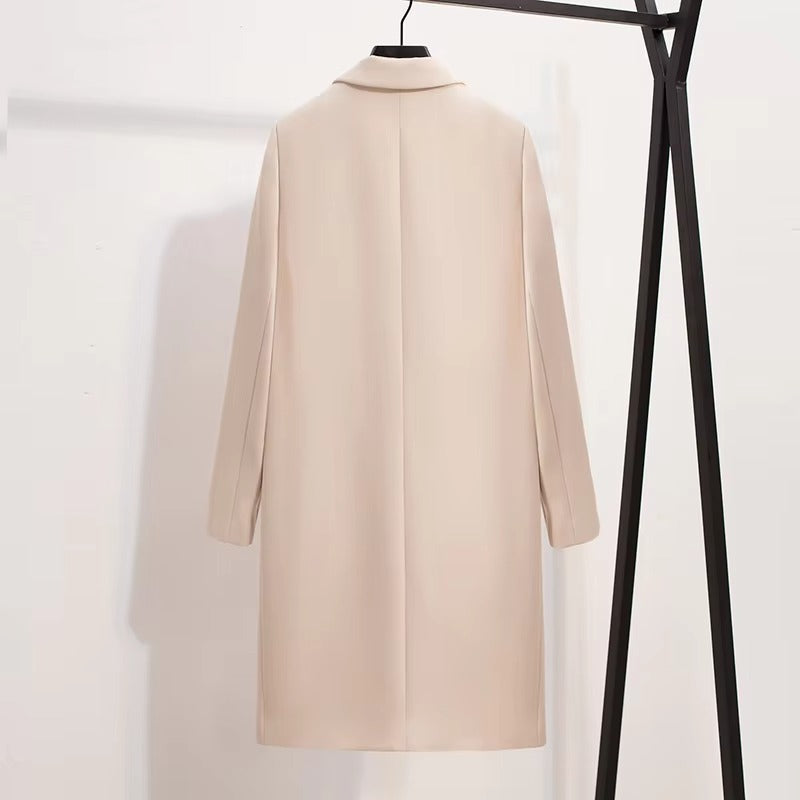 High-Quality Ladies' Double-Breasted Solid-Color Coat - Fashionable Lapel Design for Autumn/Winter Commute