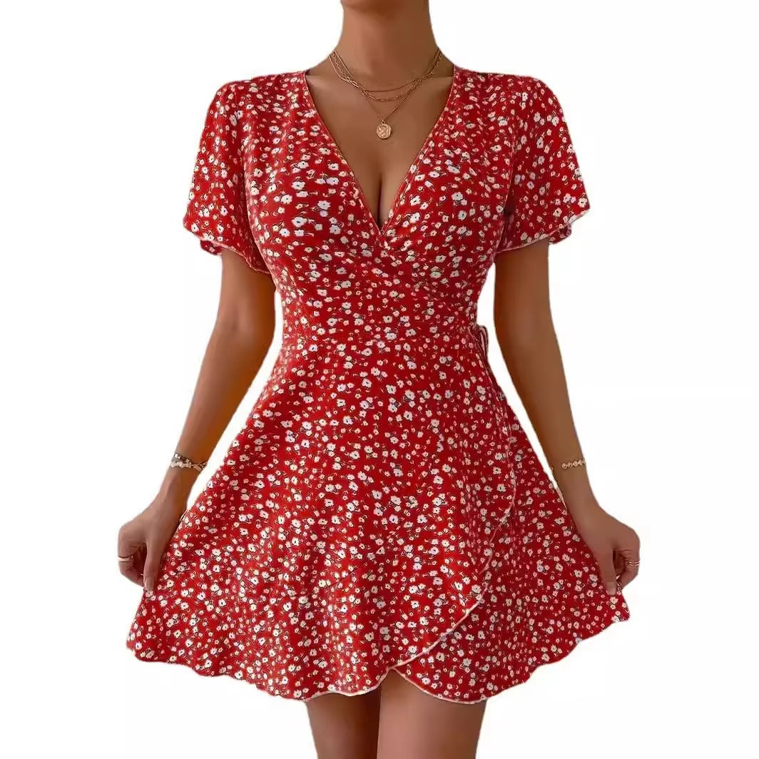High Quality Fashionable V-Neck Floral Lace-Up Waist Dress for Office Commuting for Women for Wholesale