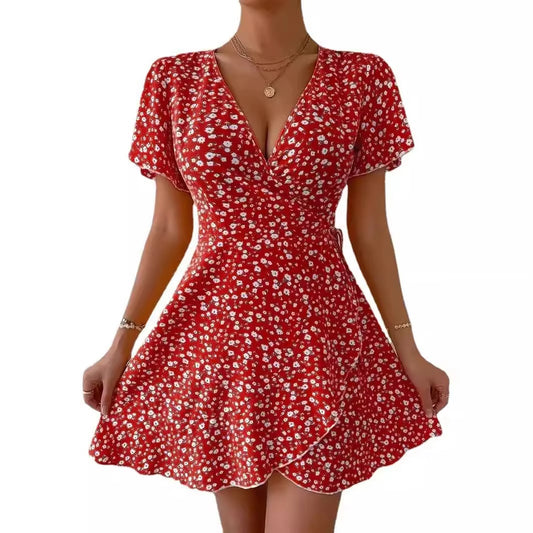 High Quality Fashionable V-Neck Floral Lace-Up Waist Dress for Office Commuting for Women for Wholesale