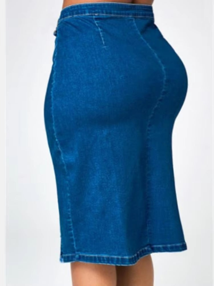 Women's High Quality Denim Skirt Elegant Fashionable New Summer Polyester Design Large Size Buttons Irregular Split Plain Dyed