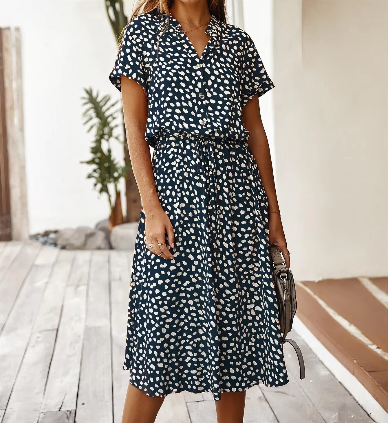 Wholesale Quality Women's Casual Dress Elegant Red Skirt Polka Dot Lace-Up V-Neck Button Spring Summer Art Print for Holidays