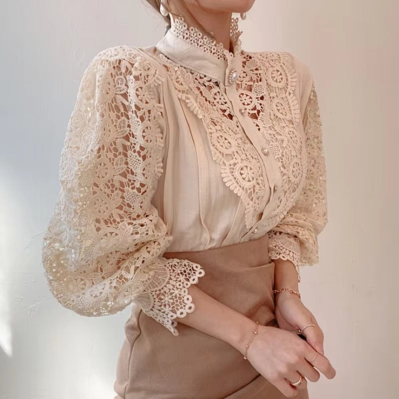 Ladies Elegant Chic White Petal Sleeve Stand Collar Cutout Lace Patchwork Pearl Buttons Fashion Casual Blouse Breathable