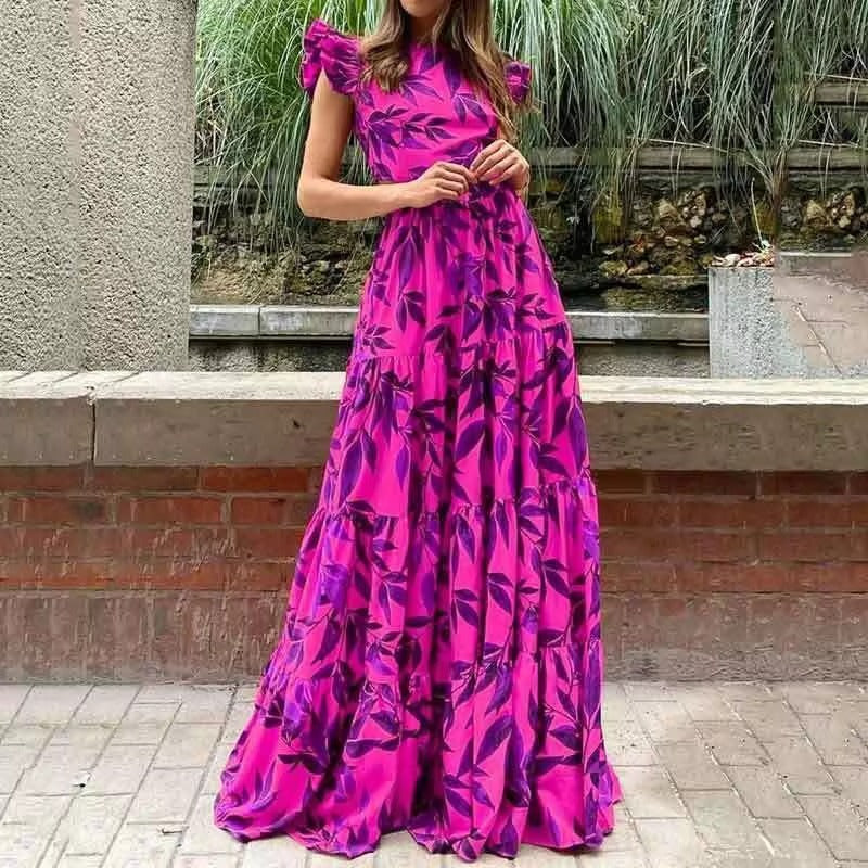 Summer High Quality Women's Long Dress Elegant Flying Sleeve High Waist Tropical Print Customizable Europe United States Leisure