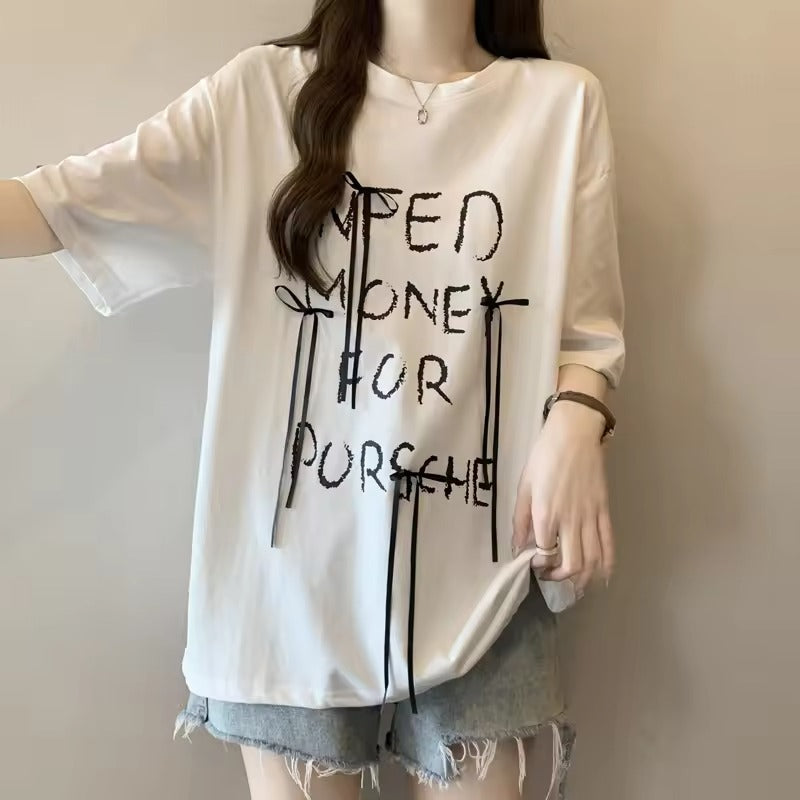 2024 Summer Hot Simple Fashion Trend Bow Letter Print All Loose High Street Holiday Home Women's Letter Short-sleeved T-shirt