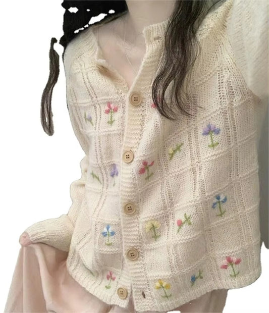 Women's Vintage Autumn Lazy Style Embroidered Sweater - Small Floral Design Long Knitted Cardigan Coat