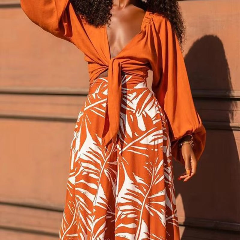 Women's Summer Office Commuter Suit High Quality Fashion V-Neck Top Wide-Leg Pants Simple Tropical Orange Print Casual