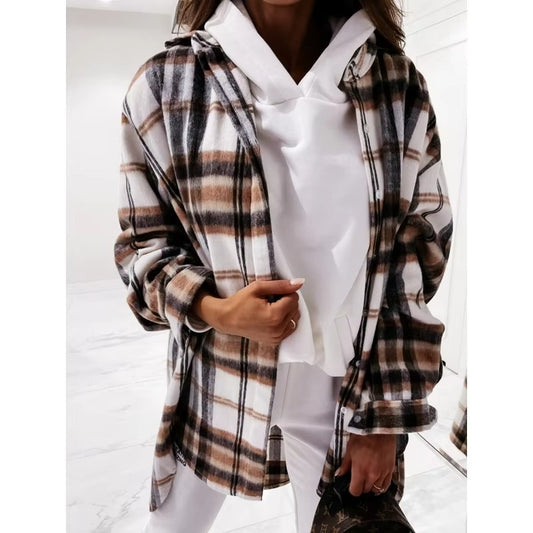 2024 Autumn and Winter Hot Simple Fashion Temperament Elegant commuter Home Holiday Long-sleeved Plaid Printed Shirt Coat